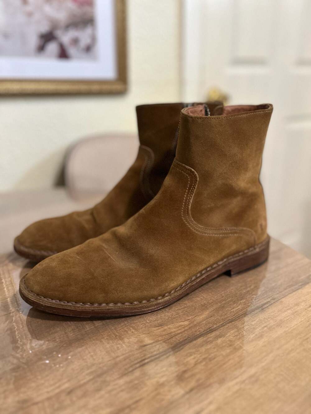 Frye Mark Inside Zip Khaki Brown Suede Casual Dress Boots